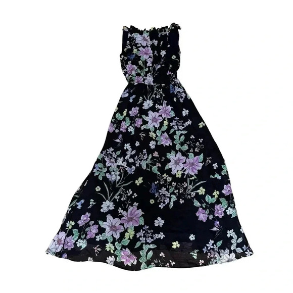 Great Jones Navy Floral Neck Tie Dress Midi Sleeveless Floral Side Pockets Sz XS - Picture 5 of 16